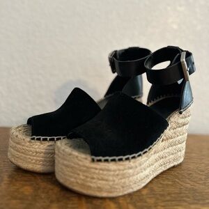 Marc Fisher Black Espadrille Wedge Sandals with Ankle Buckle